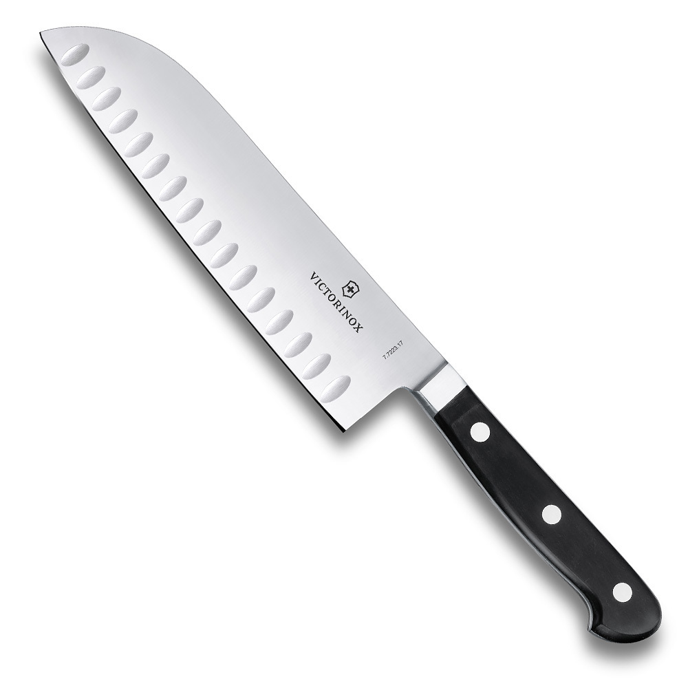 

Нож Victorinox сантоку кованый 17 см рифленое, черный 7.7223.17