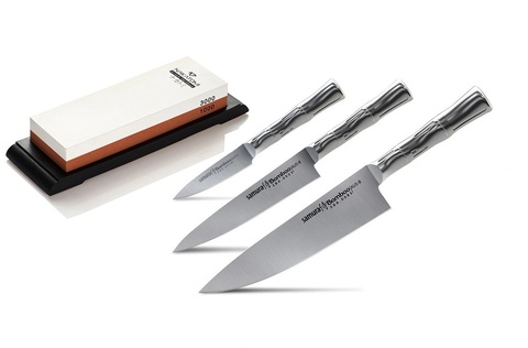 Набор из 3 кухонных стальных ножей Samura BAMBOO и точильного камня Samura SCS-1300/M