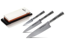 Набор из 3 кухонных стальных ножей Samura BAMBOO и точильного камня Samura SCS-1300/M